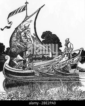 'Legende arthurienne : Arthur mort emmène sur un chemin funeraire' (la barge des morts apporte le roi Arthur corps) Illustration d'Howard Pyle (1853-19 Banque D'Images