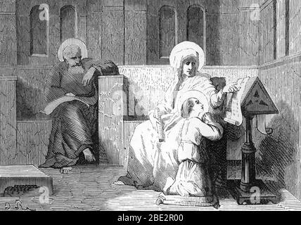 Représentation de saint Joachim et sainte Anne parents de la vierge Marie (St joachim et St anne avec petite marie) Gravure du 19ème siècle col privé Banque D'Images