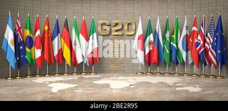 Sommet ou concept de réunion du G-20. Rangée des drapeaux des membres du Groupe des vingt et une liste des pays dans une salle de conférence. illustration tridimensionnelle Banque D'Images