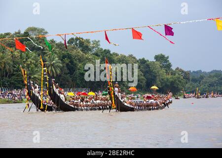 Bateaux décorés aussi appelés palliyodam et rameurs de la course de bateaux d'Aranmula, la plus ancienne Fiesta de bateau de rivière à Kerala, Aranmula, course de bateau de serpent, inde Banque D'Images