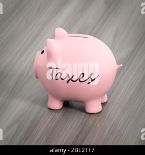 rendu tridimensionnel d'une banque de piggie rose avec le mot taxes Banque D'Images