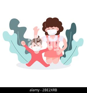 Bonne fête des mères. Mère et enfant jouant à rester à la maison pendant l'éclosion de coronavirus pandémique de covid-19. Design à caractère plat santé et médical Illustration de Vecteur