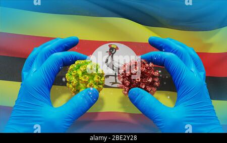 Concept moléculaire du virus médical avec drapeau de l'Ouganda. Illustration tridimensionnelle. Banque D'Images