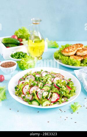 Salade de légumes frais avec radis, concombres, laitue, aneth et oignon vert Banque D'Images