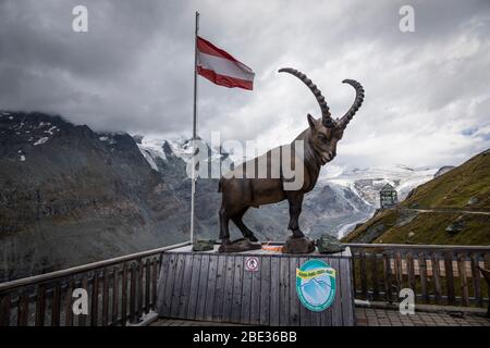 Un modèle géant Ibex se trouve au bord d'un café de montagne avec le glacier de Pasterze en arrière-plan, au large de la route alpine de Grossglockner Banque D'Images