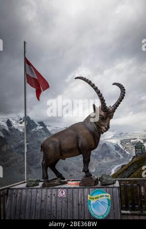 Un modèle géant Ibex se trouve au bord d'un café de montagne avec le glacier de Pasterze en arrière-plan, au large de la route alpine de Grossglockner Banque D'Images