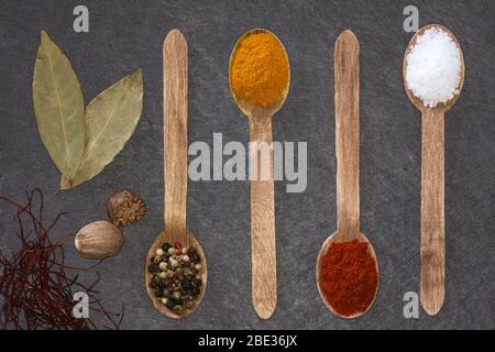 Quatre cuillères en bois de poivre de couleur, curcuma moulu, paprika rose et gros sel avec laurier, noix de muscade et piment sur une plaque d'ardoise sombre Banque D'Images