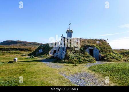 Canada, Nouvelle terre fondatrice, l'Anse aux Meadows (la baie avec les prés). Site archéologique datant d'environ 1000 ans, site du patrimoine mondial. Banque D'Images