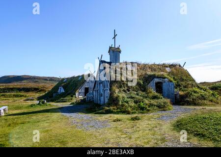 Canada, Nouvelle terre fondatrice, l'Anse aux Meadows (la baie avec les prés). Site archéologique datant d'environ 1000 ans, site du patrimoine mondial. Banque D'Images