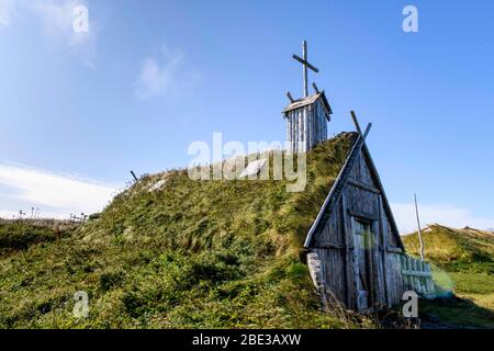 Canada, Nouvelle terre fondatrice, l'Anse aux Meadows (la baie avec les prés). Site archéologique datant d'environ 1000 ans, site du patrimoine mondial. Banque D'Images