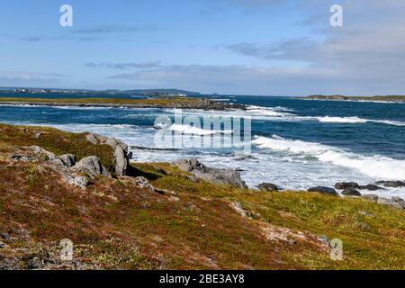 Canada, Nouvelle terre fondatrice, l'Anse aux Meadows (la baie avec les prés). Site archéologique datant d'environ 1000 ans, site du patrimoine mondial. Coastli Banque D'Images