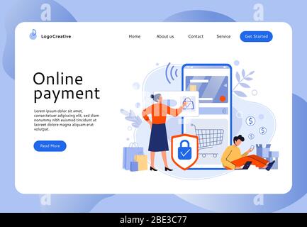 Paiement en ligne sécurisé. Les gens achètent dans la boutique mobile, les achats en ligne et facile site Web de paiements par carte bancaire illustration vectorielle. Commerce électronique, Internet Illustration de Vecteur