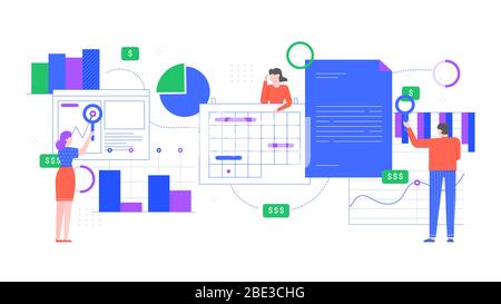 Analyse financière. Les gens analysent les graphiques financiers, l'analyse des graphiques de revenu et les travailleurs de bureau travaillent ensemble. Concept de travail d'équipe vecteur plat Illustration de Vecteur
