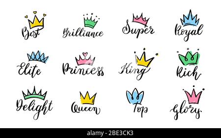 Lettrage tiré à la main par la couronne. Icônes de couronne de reine, tiara de calligraphie et jeu d'illustrations vectorielles diadem colorées. Symboles de la centrale royale. Magnifique Illustration de Vecteur