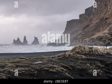 Plage de sable noir de Reynisfjara qui jouit, Vik l'Islande Banque D'Images