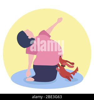 Graisse drôle de caucasien femme faisant la pose de chameau ou ustrasana. Son chien l'aide avec l'exercice. Illustration au format vectoriel Illustration de Vecteur