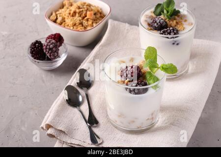 Deux portions de yaourt naturel maison avec la granola, les mûres et la menthe dans des verres sur fond gris, régime alimentaire et contrôle de perte de poids Banque D'Images