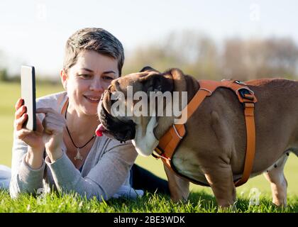 Femme en haut gris montrant quelque chose à un chien / buldog anglais dans un ebook, couché et reposant sur la prairie / herbe verte sur le soleil printemps chaud jour dans par Banque D'Images
