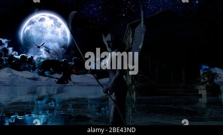 Ange de la mort - avec fond nuit fantasmagorique lune - le rendu 3D Banque D'Images