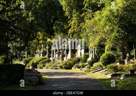 La lumière du soleil brille sur des pierres tombales le long d'une voie au cimetière Highgate, à Londres, pendant une journée d'été. Banque D'Images