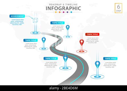 Modèle d'infographie pour les entreprises. Diagramme de la chronologie moderne en 6 étapes avec feuille de route, infographie vectorielle de présentation. Banque D'Images