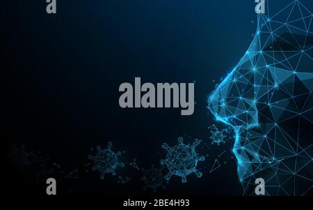 Roman Coronavirus 2019. Système respiratoire. Tête avec coronavirus. Protégez vos éternuements. Vecteur poly faible Illustration de Vecteur