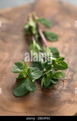 Menthe fraîche sur une planche en bois d'olive Banque D'Images