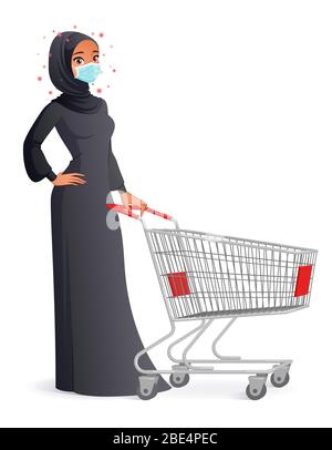 Jeune femme musulmane en masque avec panier. Illustration vectorielle isolée. Illustration de Vecteur