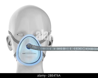 rendu factice du patient en 3 dimensions avec masque de ventilation isolé sur blanc Banque D'Images