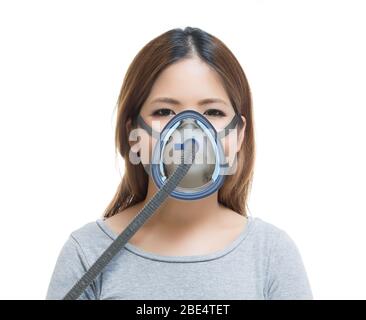 masque de ventilation en 3 dimensions avec patient femelle isolé sur blanc Banque D'Images