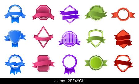 Badges rétro avec bannières en ruban. Étiquette de couleur vintage, cadre pour timbres et ensemble vectoriel plat moderne pour badge. Collection de logos colorés sur fond blanc Illustration de Vecteur