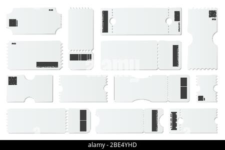 Maquette de billet vierge. Billets blancs avec codes-barres, coupon vide et admettre un jeu vectoriel de modèles de ticket. Pièces avec éléments détachables. Codes QR Illustration de Vecteur