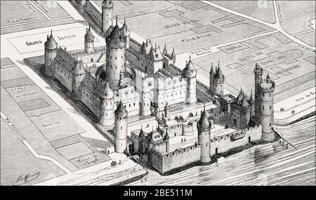 Reconstruction picturale du Palais du Louvre au XIVe siècle par Fédor Joseph Hubert Hoffbauer, Paris, France Banque D'Images