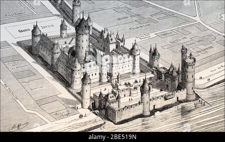 Reconstruction picturale du Palais du Louvre au XIVe siècle par Fédor Joseph Hubert Hoffbauer, Paris, France Banque D'Images