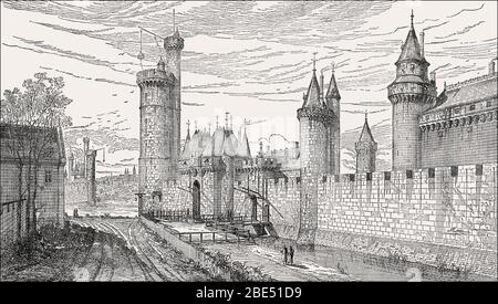 Reconstruction picturale du Palais du Louvre au XIVe siècle, Paris, France Banque D'Images