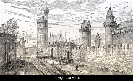 Reconstruction picturale du Palais du Louvre au XIVe siècle, Paris, France Banque D'Images