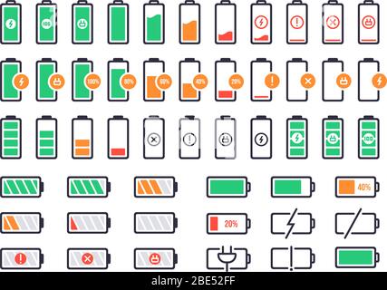 Logo de chargement de la batterie. Niveau de charge, état de l'énergie de l'accumulateur du smartphone. Indicateurs de signal de batterie de téléphone portable définis par des icônes isolées vectorielles. Vide Illustration de Vecteur