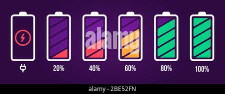 Icône de niveau d'énergie. Charge de charge, indicateur de batterie du téléphone, niveau de puissance du smartphone, énergie de l'accumulateur vide et icônes vectorielles d'état complètes définies. Chargement Illustration de Vecteur
