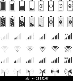 Icônes de batterie et de connexion. Niveau de charge du smartphone, puissance du signal wi-fi et GSM, énergie de la batterie pleine et état vide éléments de l'interface utilisateur vecteur isolé Illustration de Vecteur