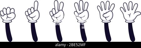 Numéros de main de dessin animé. Signe de comptage des gestes, les mains en gants blancs comptent sur cinq illustrations vectorielles isolées. Personnage de dessin animé montrant les doigts Illustration de Vecteur