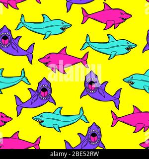 Motif sans couture avec requins à dessin animé. Milieu urbain coloré adolescence créatif. Illustration de Vecteur