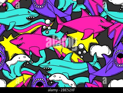 Motif sans couture avec requins à dessin animé. Milieu urbain coloré adolescence créatif. Illustration de Vecteur