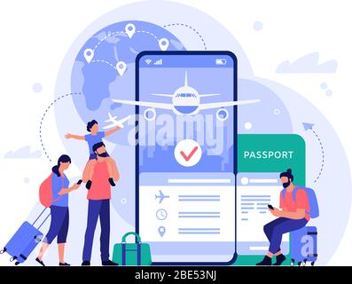 Application d'achat de billets d'avion. Les gens qui achètent des billets en ligne, service de réservation de téléphone pour le tourisme et les vacances, illustration vectorielle de concept de voyage. Vol Illustration de Vecteur