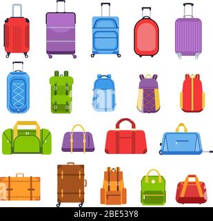 Valises à bagages. Bagages et sacs à poignée, sacs à dos, étui en cuir, valises de voyage et sac pour voyage, tourisme et vacances isolés icônes vectorielles ensemble Illustration de Vecteur