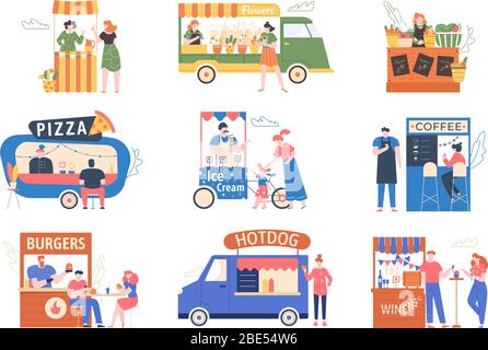 Marché de la rue. Salon extérieur, tentes avec nourriture, produits, café et fleurs. Les personnages achètent et vendent à la foire de rue, marché vecteur de rue Illustration de Vecteur