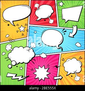 Bulles de dialogue de bandes dessinées. Livre de dessin animé modèle de page de scrapbook super héros, nuages vides de discours comique, modèle de disposition de vecteur de cadre d'art graphique Illustration de Vecteur