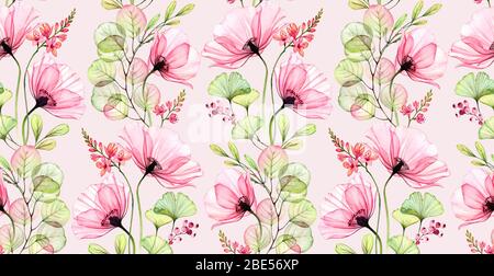 Motif aquarelle transparent. Plantes abstraites de popp fleurs, feuilles et résidus. Fond rose floral. Illustration peinte à la main avec des fleurs colorées Banque D'Images