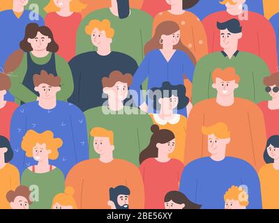 Motif de foule. Portraits de personnes de groupe, jeunes hommes et femmes lors de réunions publiques ou de manifestations sociales. Les personnages mignons souriants d'amis sont sans couture Illustration de Vecteur