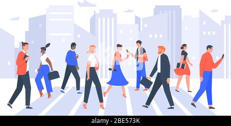 Les gens d'affaires traversent la rue. Les gens en ville en bordure de trottoir, les employés de bureau marchant sur le monde. Illustration vectorielle de tableau de concordance entre hommes d'affaires et femmes d'affaires Illustration de Vecteur