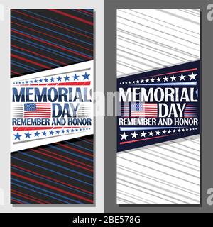 Mises en page vectorielles pour Memorial Day avec espace de copie, brochure décorative avec drapeau national à rayures rouges et blanches des États-Unis et texte créatif pour les mots me Illustration de Vecteur